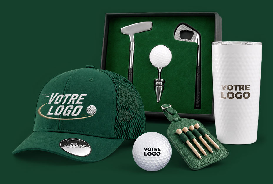 Articles promotionnels de golf personnalisés — casquette, coffret, balle, tées et gobelet